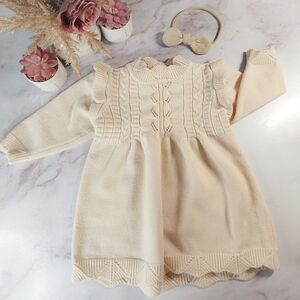 Cream Knit Baby Girl Sweater Dress with Headband, Size 12-18 Months